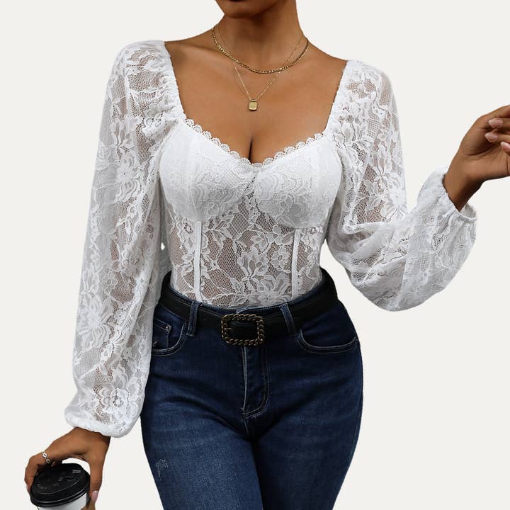Flirty and Elegant Sheer Lace Long Sleeve Bodysuit for wholesale by The Moment Collection