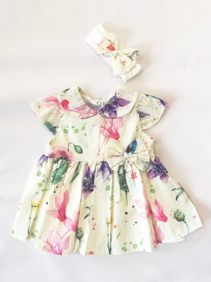Klänning med blomstertryck och matchande hårband för babyflicka för wholesale av BEAU KiD
