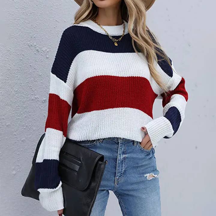 CWOSWL0272_PULL À MANCHES LONGUES À GRANDES RAYURES ET COL ROND pour la vente par Lily Clothing