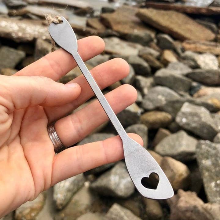 Kayak Paddle Ornament w/ Heart made from recycled steel for wholesale by BE Creations & Designs, Inc.