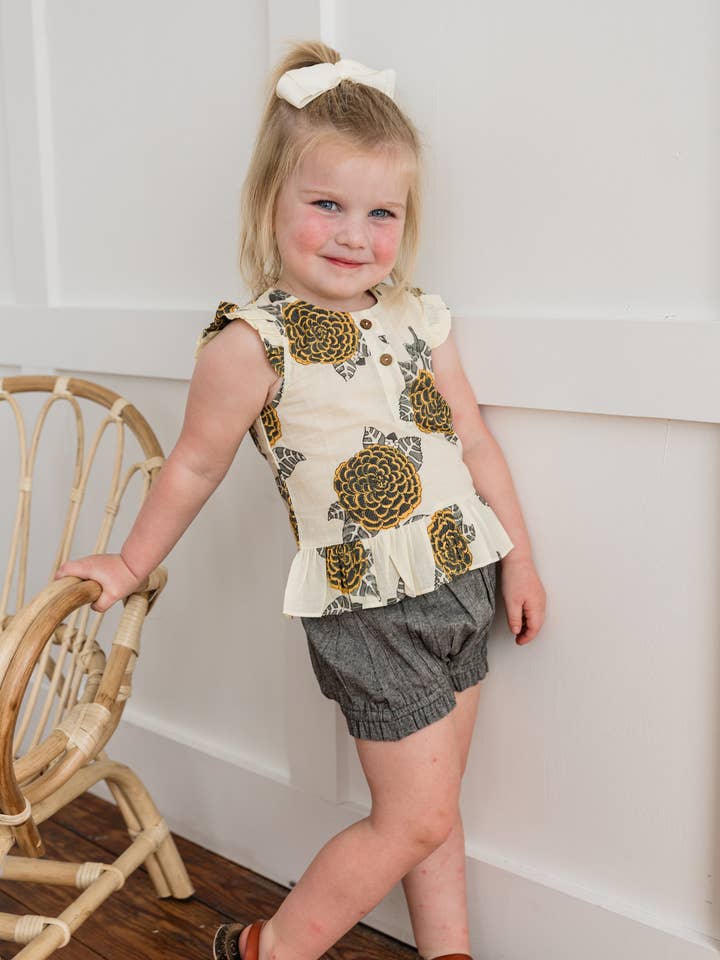 Yo Baby - Wholesale Top & Short Set - Baby - Mustard & Grey Floral Print Sleeve Ruffled Top & Black Chambray : Infant : Baby