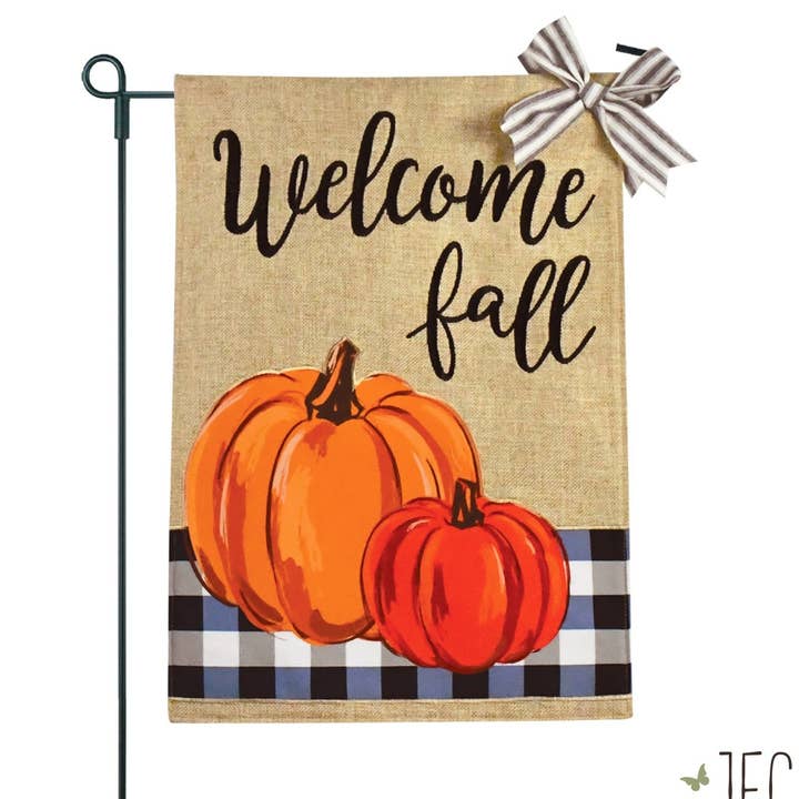 Blue Buffalo Plaid Pumpkins Burlap 2-Sided Garden Flag 12.5x18" for wholesale by JEC Home Goods Inc