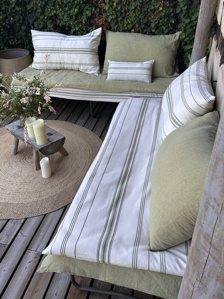 Quilted mattress topper, striped organic cotton, eucalyptus for wholesale by la draperie francaise