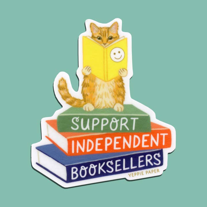 Stöd oberoende bokhandlare Cat on Stack of Books klistermärke för wholesale av Yeppie Paper