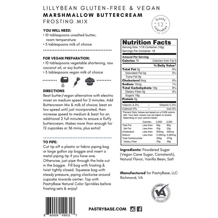 LillyBean Baking - Vente Mélanges pour gâteau - Mélange de glaçage à la guimauve (Vegan & Sans gluten)