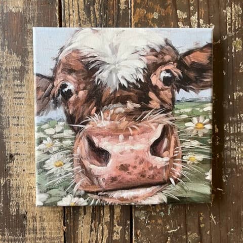 Rustic Nester - Wholesale Art Print - Whimsical Cow Canvas art print, Watercolor farmhouse art