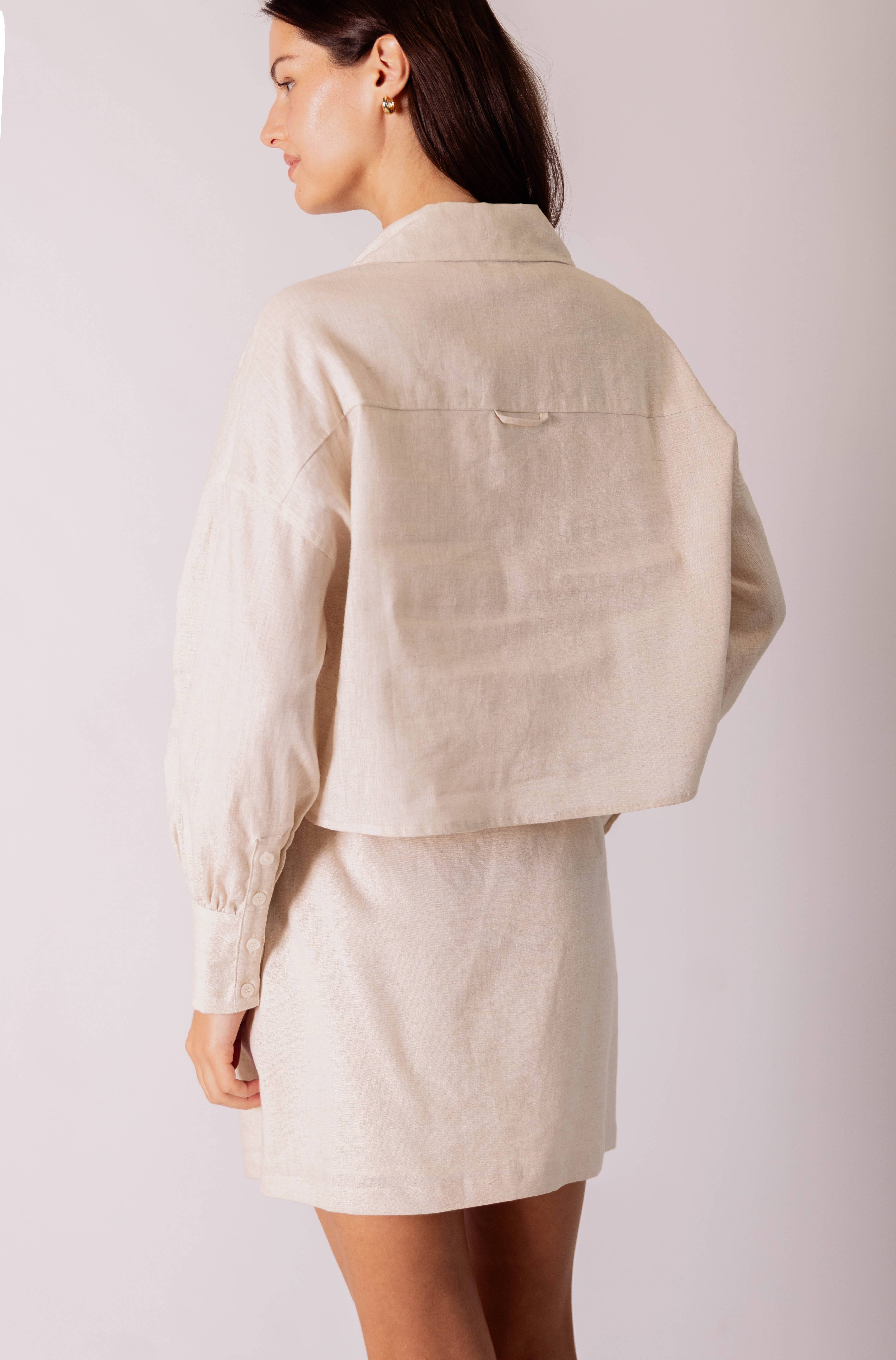 Natural P.CILL 100% Linen Cropped Button Up Shirt for wholesale on Faire8