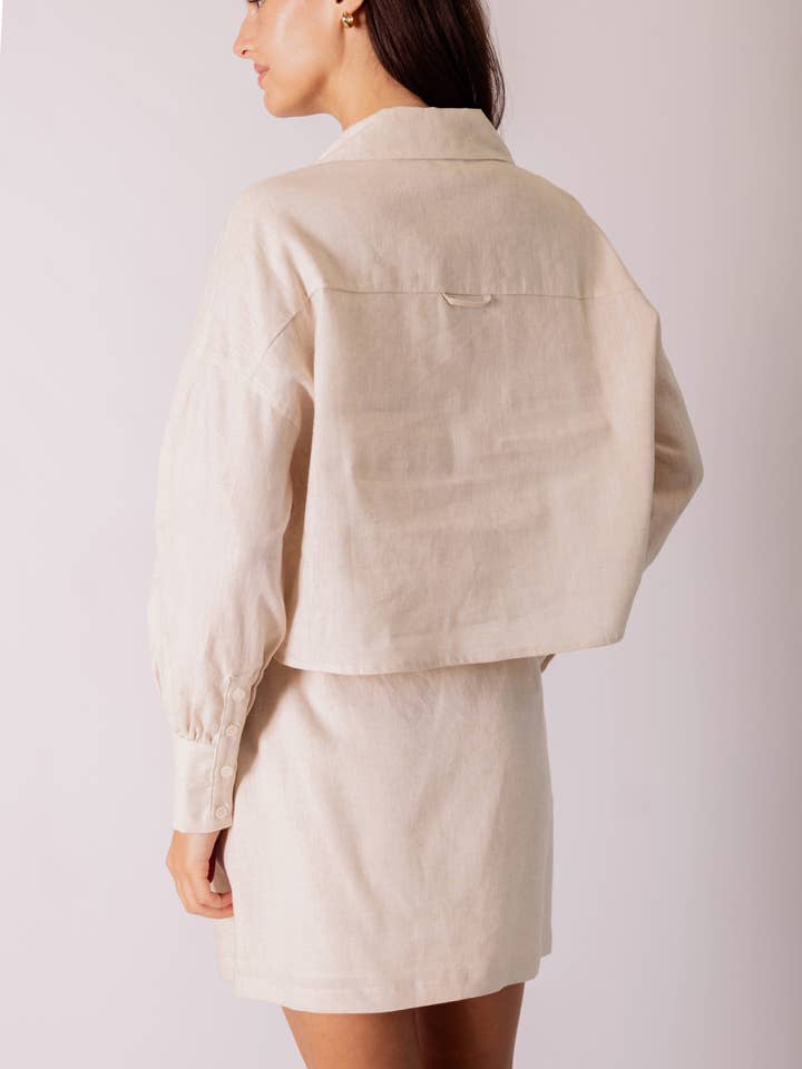 Natural P.CILL 100% Linen Cropped Button Up Shirt for wholesale on Faire8