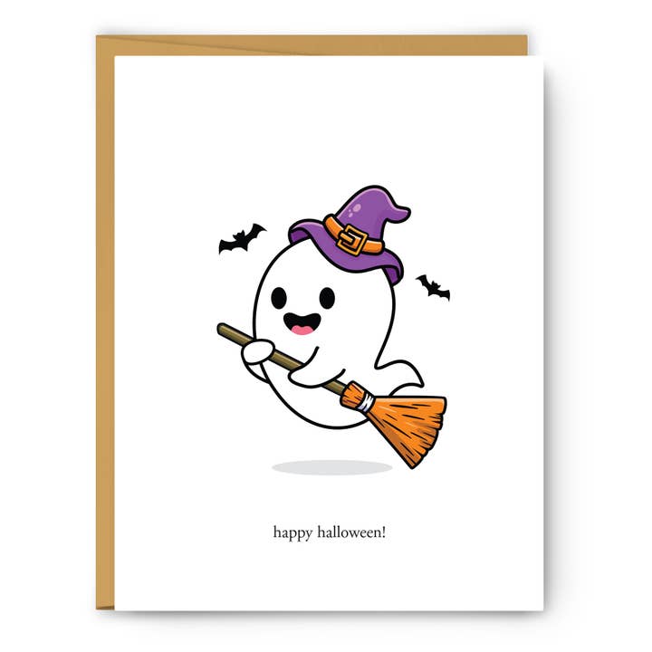 Tarjeta de felicitación de Halloween Ghost on a escoba para venta al por mayor de Footnotes