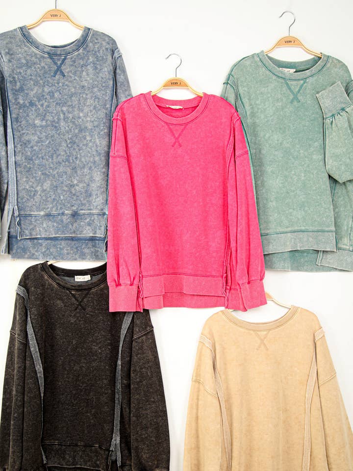 VERY J - Wholesale Knit Top - Women's - NT11399-Mineral Washed French Terry Oversized Knit Top