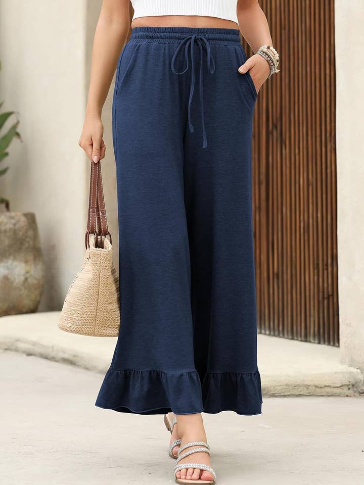 Rosa Clothing - Wholesale Pants - Women's - Laced Ruffled Hem Wide Leg Pants