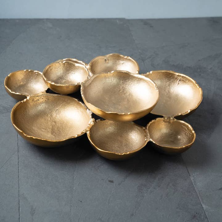 India Handicrafts Inc - Wholesale Platter - Gold Aluminum Textured 9-Bowl Cluster Platter