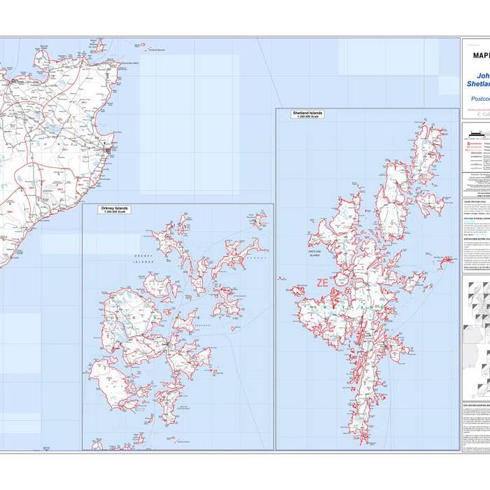 John O'Groats, Shetlands and Orkneys Postcode Wall Map for wholesale by Map Marketing Limited