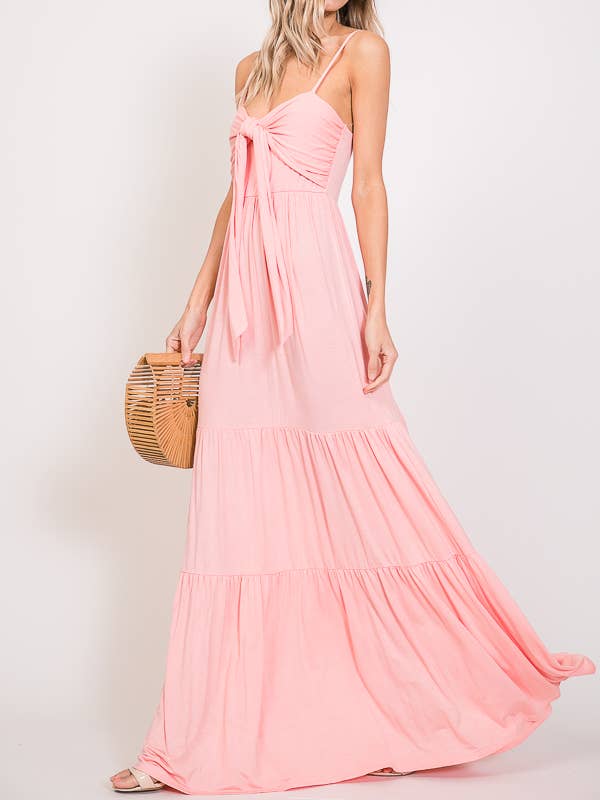 7th Ray - Wholesale Dress - Women's - Casual Front Tie Knot Spaghetti Strap Tiered Maxi DressD2307