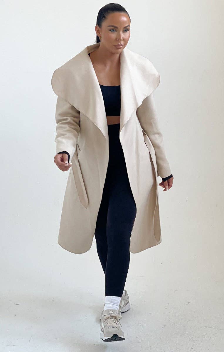Femme Luxe - Wholesale Coat - Women's - Beige Waterfall Duster Belted Long Coat - Pola6
