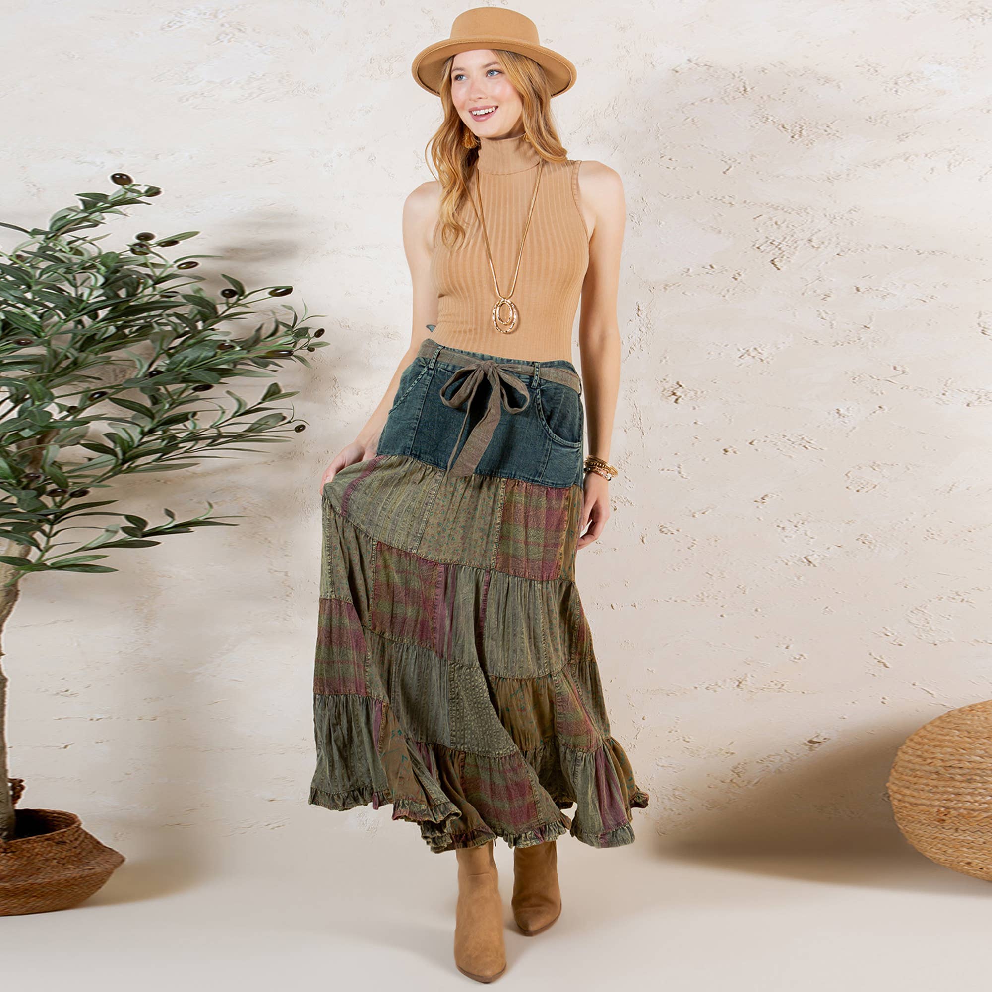 Young Threads - Wholesale Skirt - Women's - Western Boho Chic: Patchwork Belted Skirt  (New Color)5