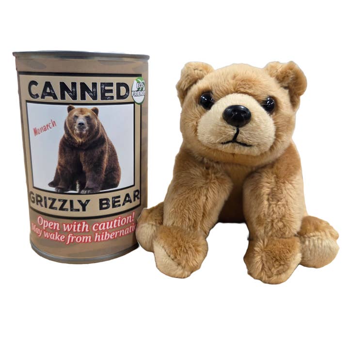 Canned Gifts – wholesale Stuffed/plush toy – Kids & baby – Monarch the Canned Grizzly Bear | Plush Animal Can w/Jokes