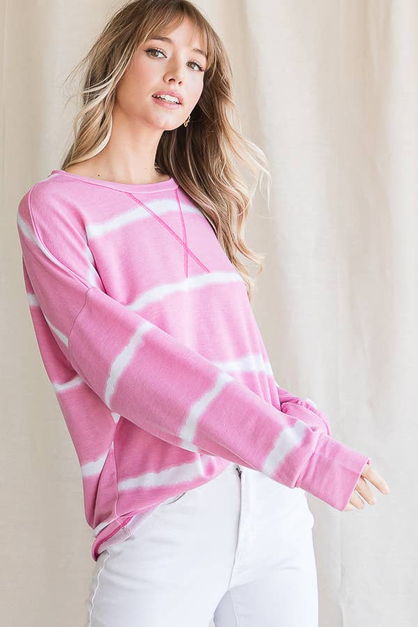 7th Ray – Engroshandel Strikket top - Dame – Stribet Tie Dye V-søm Drop Shoulder Langærmet Top T356517