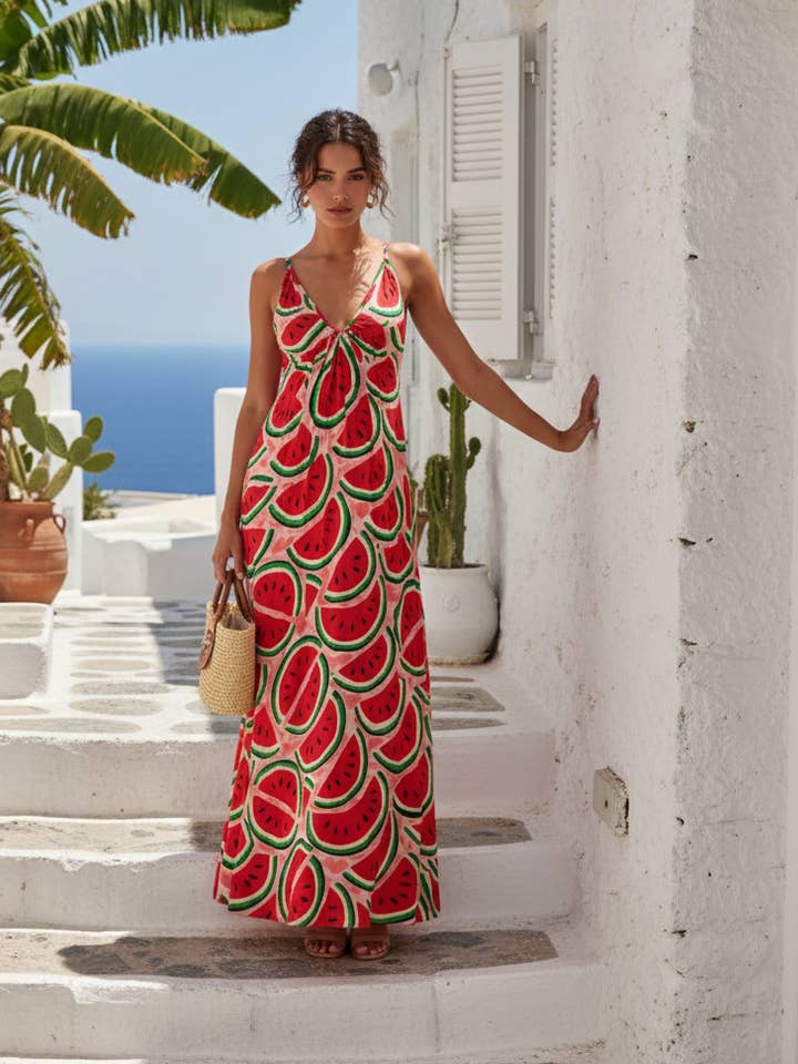 FG-447 Abito maxi rosso "Juicy Watermelon" per la vendita all'ingrosso da parte di FAME GREECE