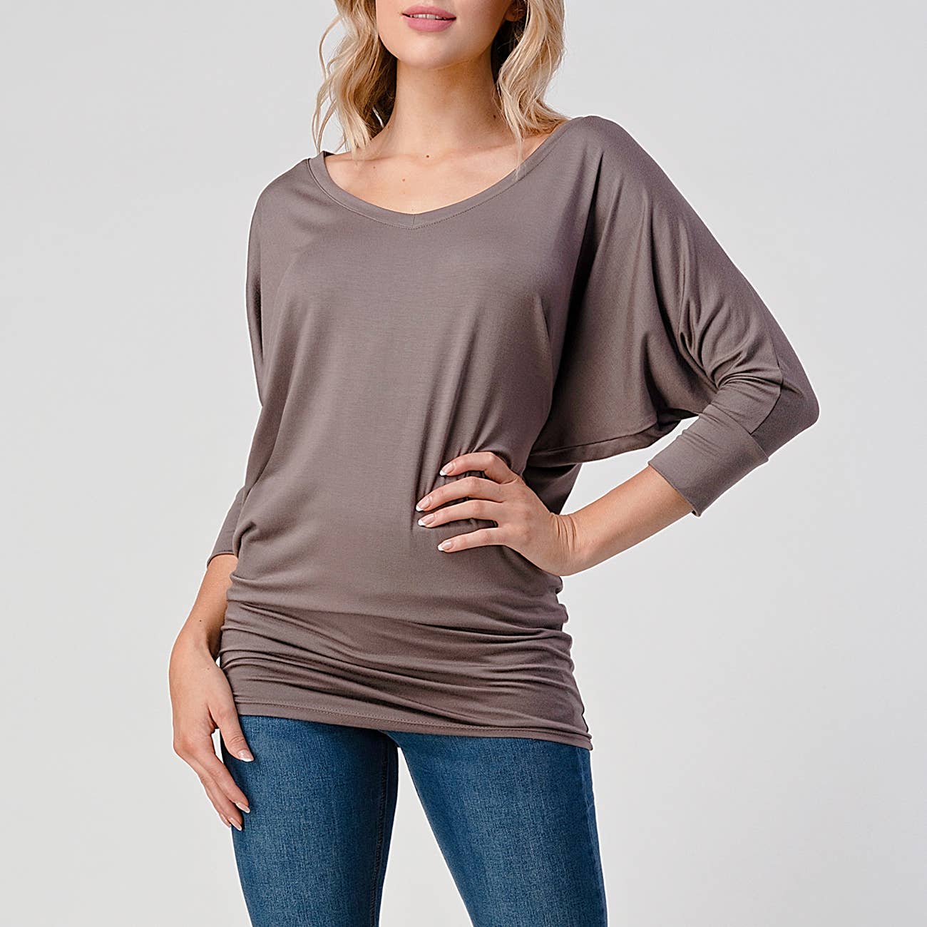 Heimious - Wholesale Knit Top - Women's - 3/4 Dolman Sleeve V-neck Modal Jersey Top, 257324