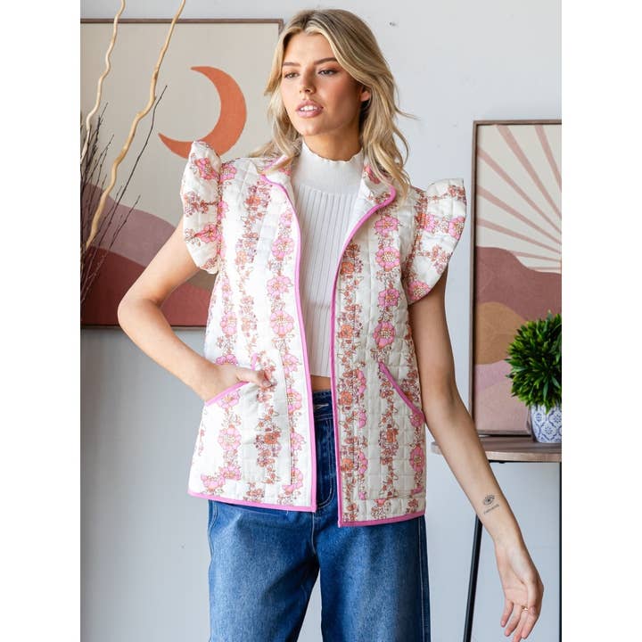 Ruffle Shoulder Quilted Open Vest for wholesale by Veveret