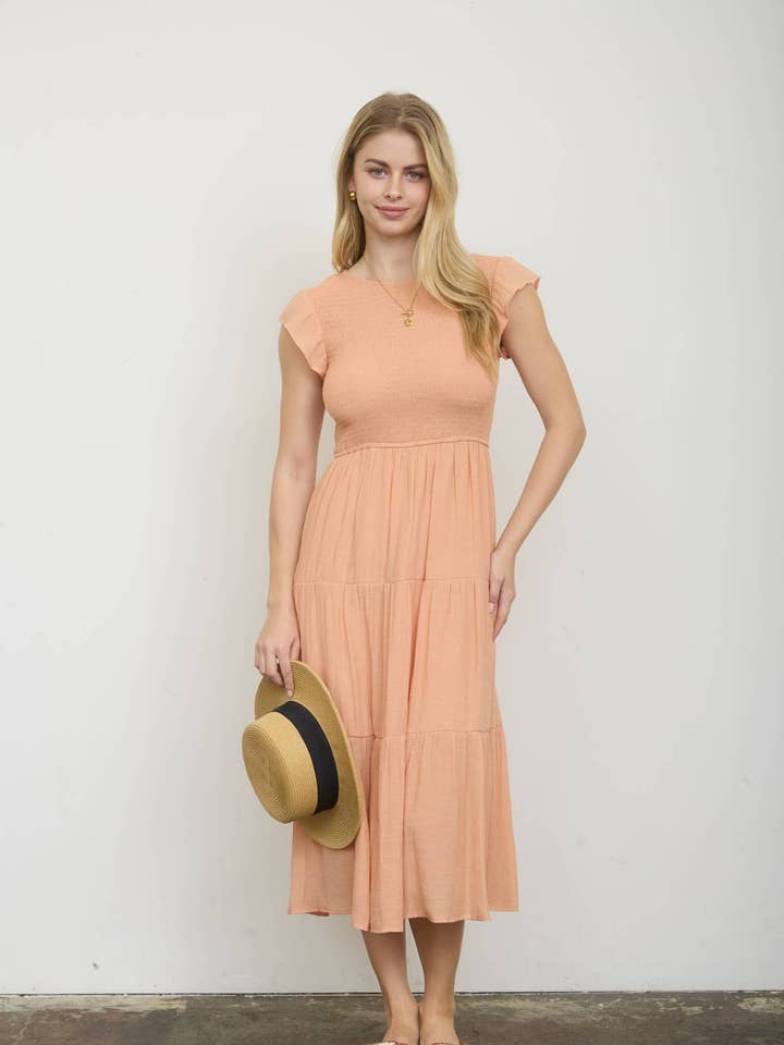 TIERED SMOCKED SHORT SLEEVE MIDI DRESS for wholesale by MINE
