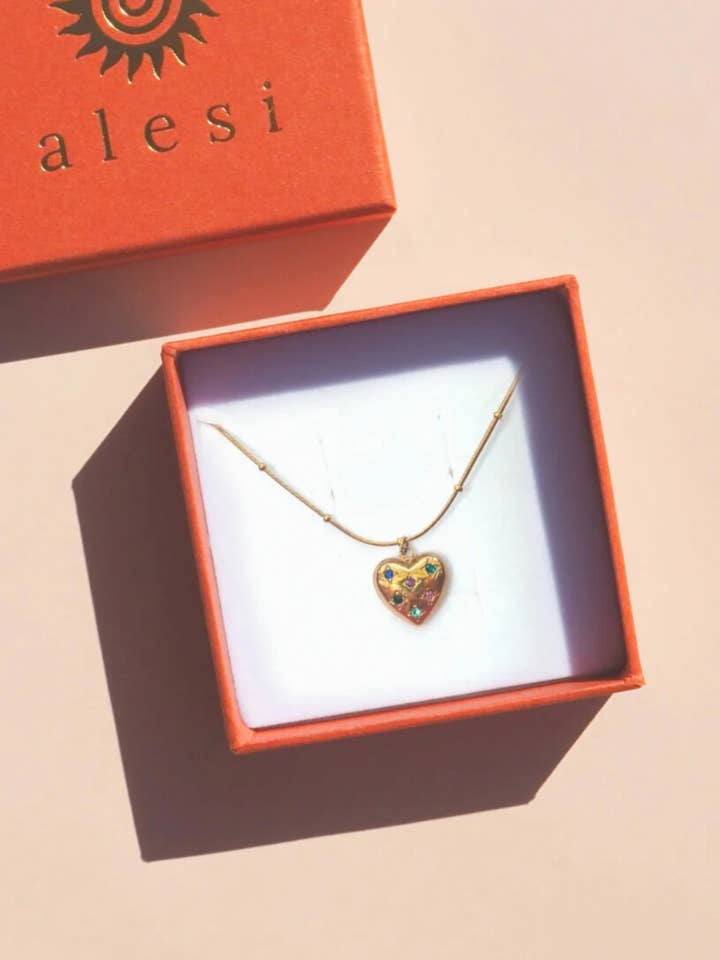 18K Gold Multi-colour Heart 'LOVE' Hoop Necklace for wholesale by Alesi Jewellery