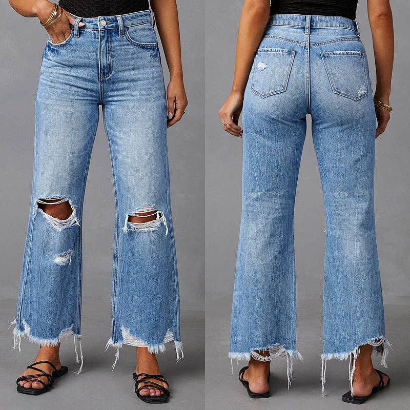 Blue High Waist Distressed Wide Leg Denim Pants with Tie-Dye Wash for wholesale on Faire3