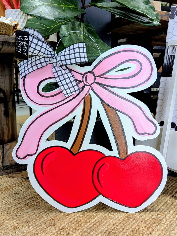 Pink Bow Cherry Bunch Door Hanger for wholesale by Pocketful of Posies