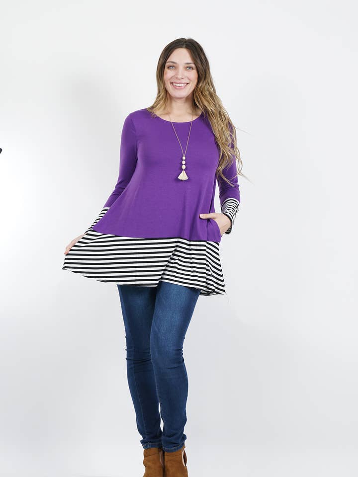 42POPS - Wholesale Knit Top - Women's - ,.SI-10950 PLUS SIZE Striped block side-pocket tunic0