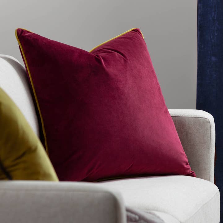 Meridian Velvet Cushion Maroon/Moss for wholesale by Riva Home