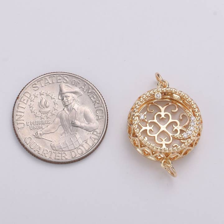Aim Eternal - Wholesale Individual charm/pendant - 18K Filligree Essential Oil Diffuser, Cresent Moon, Star, Planet Gold Plated Micro Pave CZ Connector Micro Pave CZ Bracelet Connector F-8093