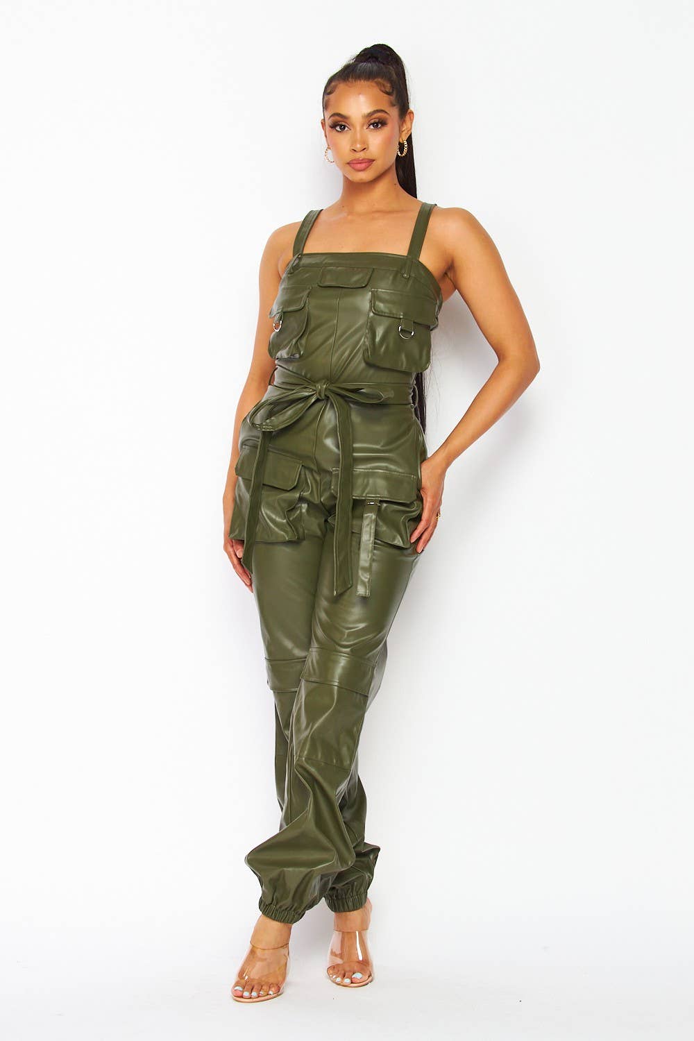 Oliven Wander imiteret læder Cargo Pocket Jogger Jumpsuit (HDR30753) for engroshandel på Faire1