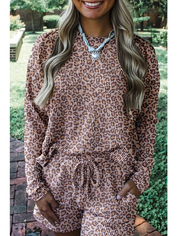 Brown Leopard Ribbed Long Sleeve Top and Shorts 2pcs Outfit (S-XL) for wholesale on Faire