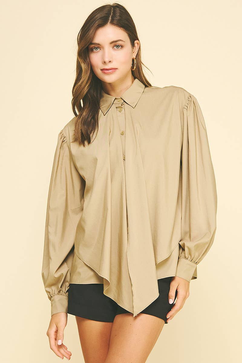 PINCH - Wholesale Button Down Shirt - Women's - FRONT TIE DETAILED BUTTON DOWN SHIRT - 6524T3