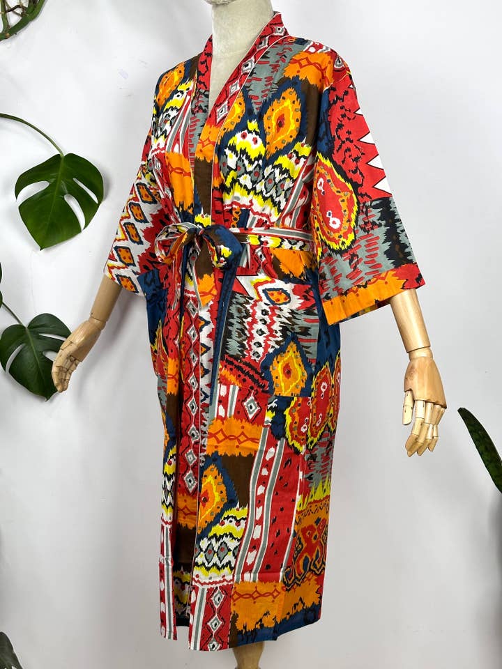 The Eastern Loom – Großhandel Bademantel – Damen – Boho House Bademantel-Kimonokleid aus Baumwolle mit Handblockdruck