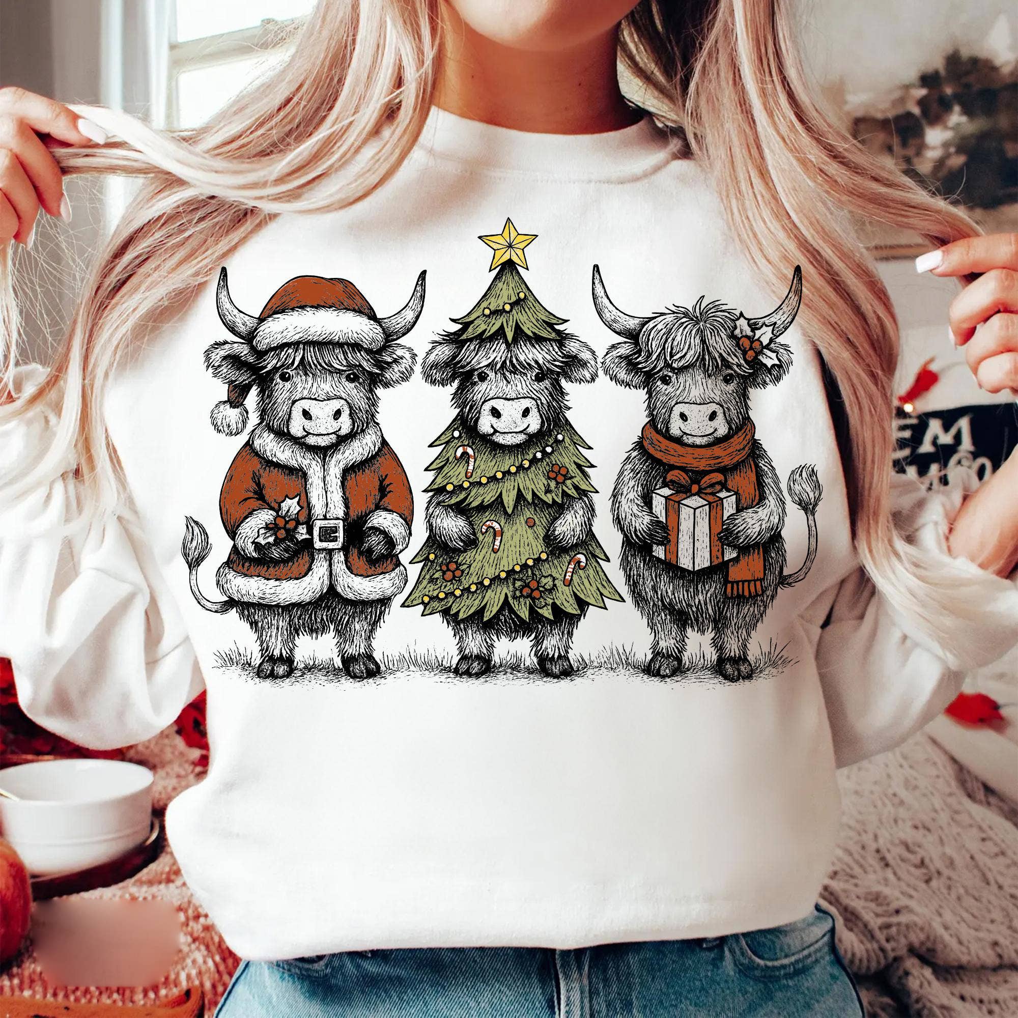 NVC Ecommerce LLC - Wholesale T-Shirt (Graphic) - Women's - Christmas Highland Cow Shirt, Santa Tree Gift Cow Sweater0