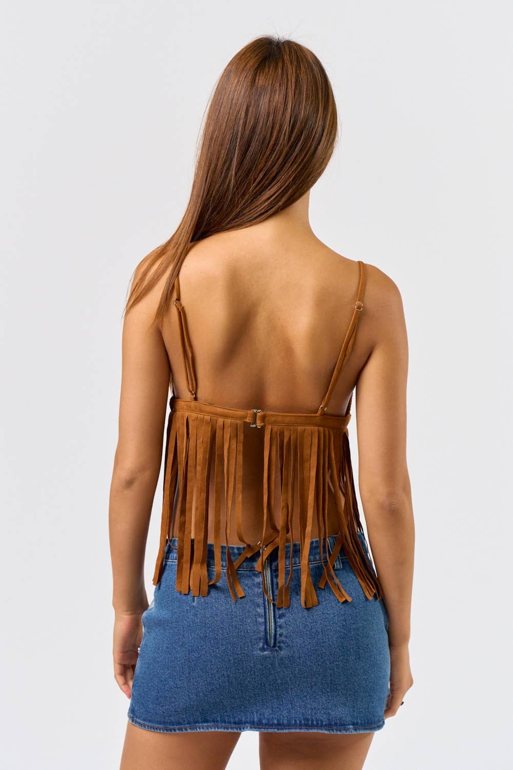 LT BROWN  IBT34729 Suede Fringe Tank Top for wholesale on Faire3