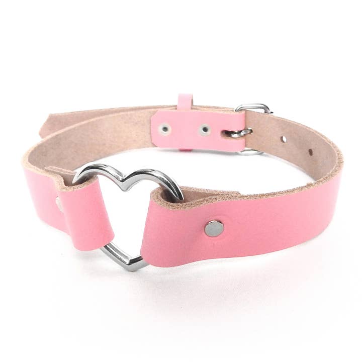 8th Sin - Wholesale Choker/Collar - Pink Leather Heart Ring Choker - Pink Heart Ring Collar