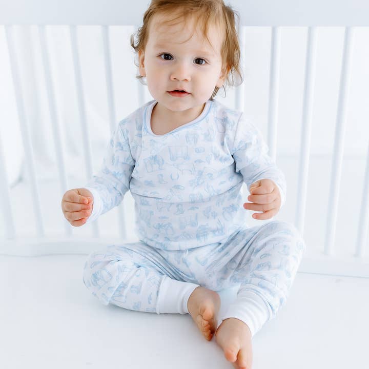 Wild West Toile Long Pajamas - Light Blue for wholesale by Magnolia Baby