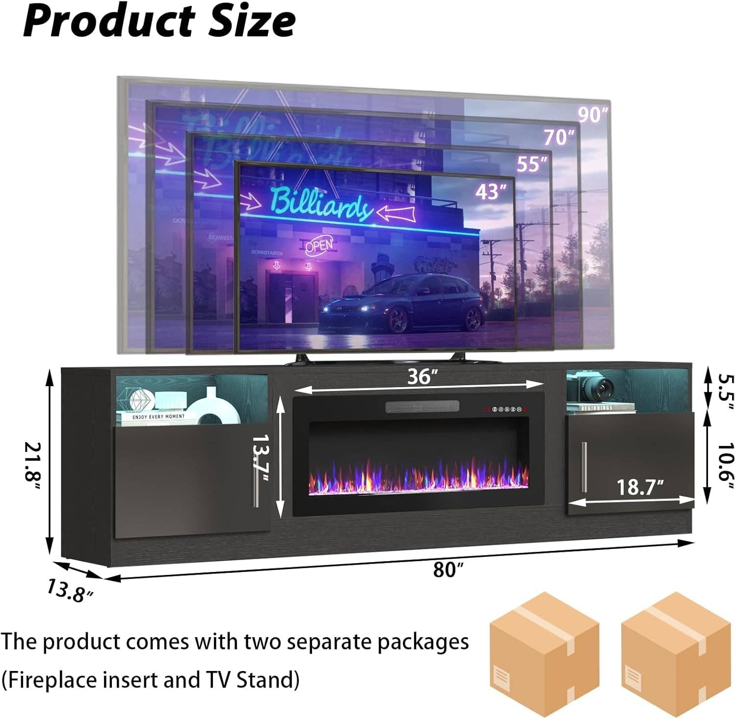 80 Inch TV Stand Electric Fireplace With LED Lighting Black for wholesale on Faire1