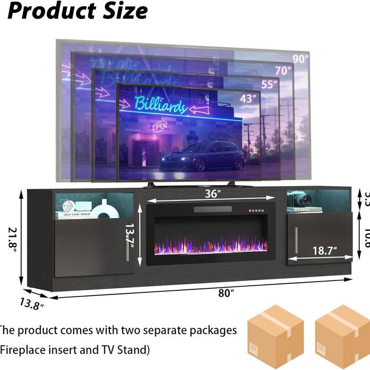 80 Inch TV Stand Electric Fireplace With LED Lighting Black for wholesale on Faire1