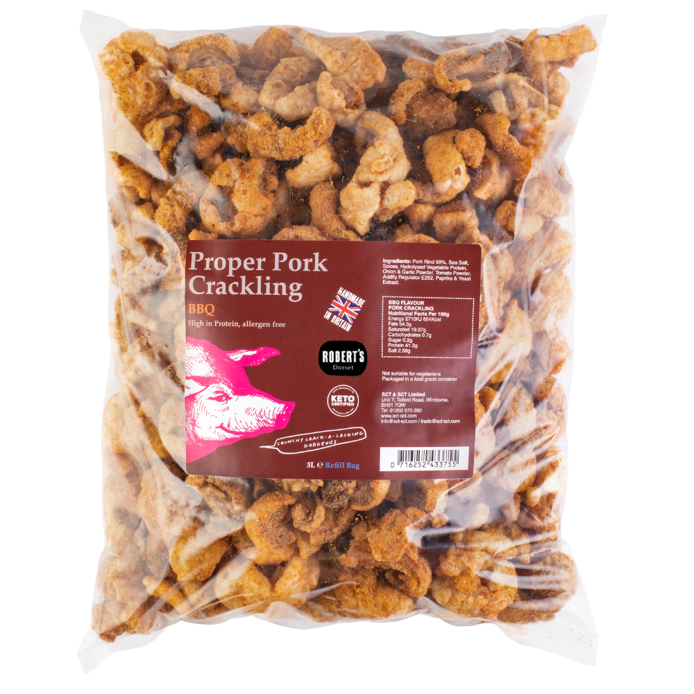 Robert’s Dorset – wholesale Puffed snack – Proper Pork Crackling 3L / 800g Refill Bag1