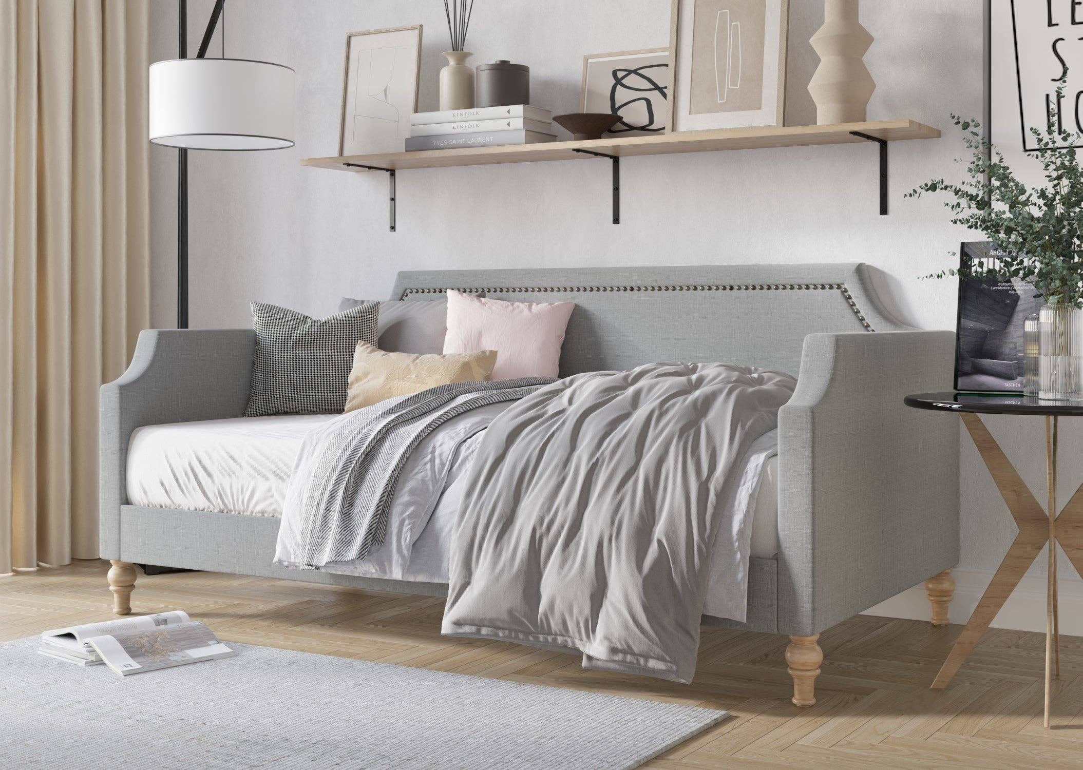 Home Design - Wholesale Day Bed - Pita Upholstered Twin Daybed with Nailhead Trim and Scooped Silhouette, Gray – Adult Living Room, Guest Room, or Bedroom, Easy Assembly14