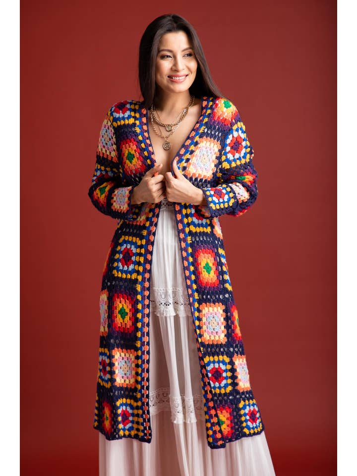 SAACHI - Vente Kimono – femme - Cardigan kimono long en crochet granny à motifs floraux multicolores2