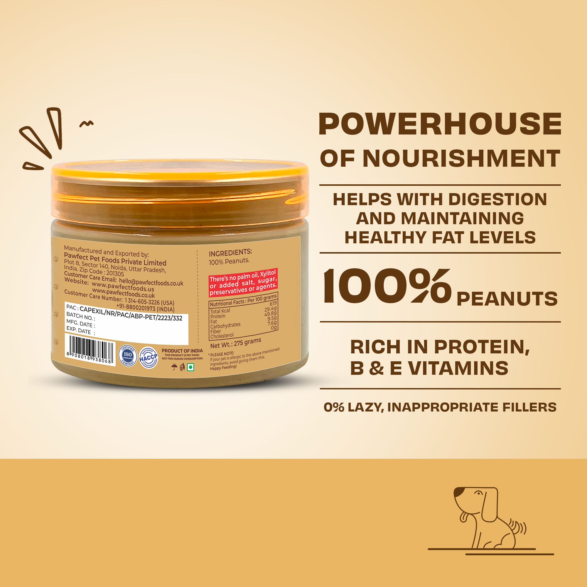 Pawfect Pet Foods Pvt Ltd - USA - Wholesale Pet Treats - Dog - Pawfect Peanut Butter for Dogs | 100% Natural Peanut Butter | No Added Sugar, Salt, Palm Oil | No Sweeteners, No Xylitol | Dog Friendly Texture | Healthy Lickable Dog Treat 1