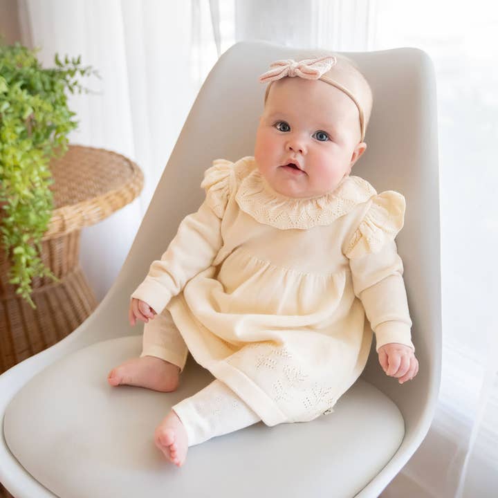 Milan Ruffle Collar Pointelle Knit Baby Dress - Organic for wholesale by Viverano Organics