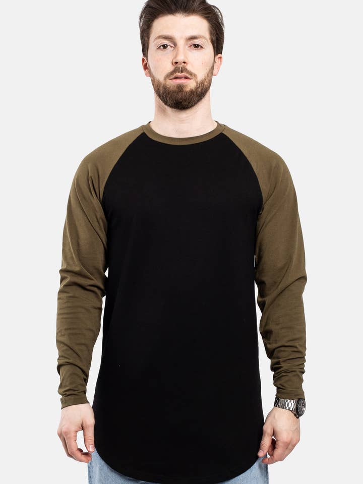 Camiseta de Baseball Longline Preto-Azeitona por atacado de Blackskies