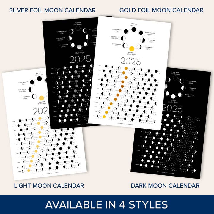Thankful Greetings - Vente Calendrier - Calendrier des phases de la lune 2025 - Impression lunaire foncée