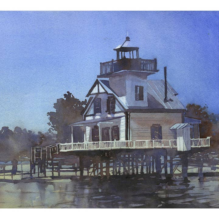 Roanoke River Lighthouse on the waterfront of Edenton, North Carolina. Watercolor painting Edenton lighthouse NC blue orange art seascape for wholesale by Ryan Fox Fine Art